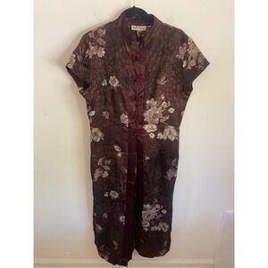 Anna USA Burgundy Floral Satin Jacquard Cheongsam Maxi Dress Mandarin Collar‎